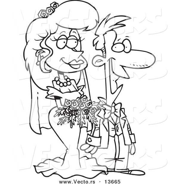Vector of a Cartoon Pleased Wedding Couple - Coloring Page Outline