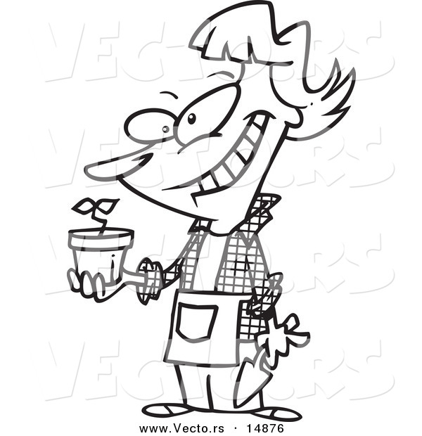 Vector of a Cartoon Pleased Woman Showing Her Transplanted Plant - Coloring Page Outline