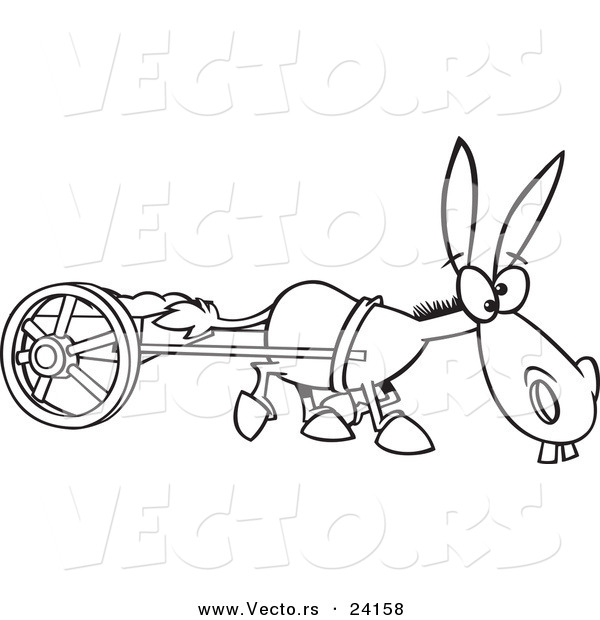 Vector of a Cartoon Plodding Donkey Pulling a Cart - Coloring Page Outline