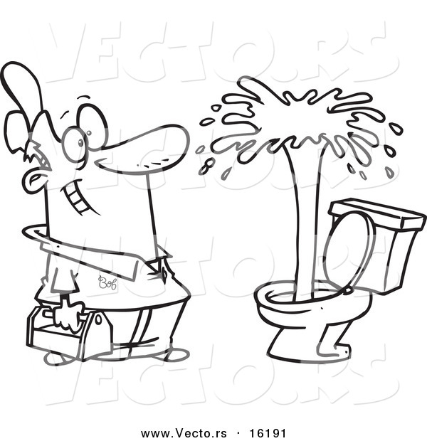 Vector of a Cartoon Plumber Admiring a Geyser in a Toilet - Outlined Coloring Page Drawing