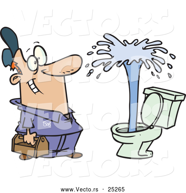 Vector of a Cartoon Plumber Looking at a Geyser of Water Shooting from a Toilet