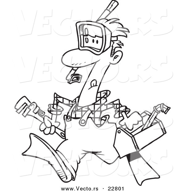 Vector of a Cartoon Plumber Wearing Goggles and Fins - Coloring Page Outline