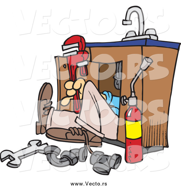 Vector of a Cartoon Plumber Working Under a Sink