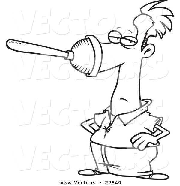 Vector of a Cartoon Plunger on a Man's Nose - Coloring Page Outline