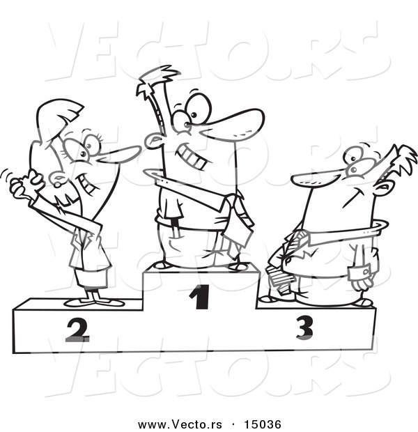 Vector of a Cartoon Podium of First, Second and Third Place Business People - Coloring Page Outline