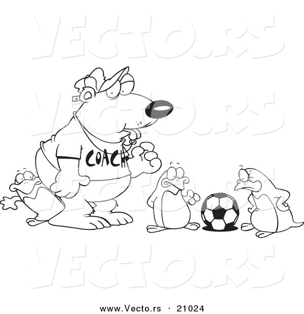 Vector of a Cartoon Polar Bear Coaching Penguins for Soccer - Coloring Page Outline