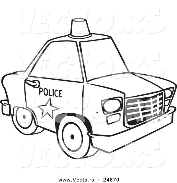 Vector of a Cartoon Police Car with a Siren Cone on the Roof - Outlined Coloring Page