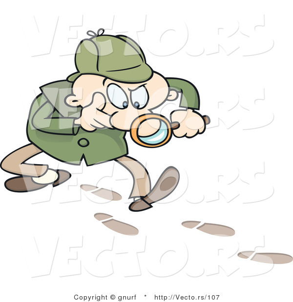 Vector of a Cartoon Police Officer Following Foot Tracks with a Magnifying Glass