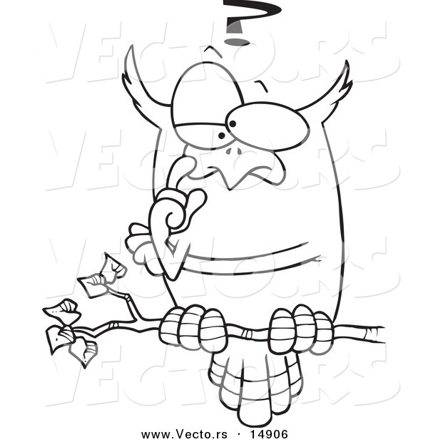 Vector of a Cartoon Pondering Owl Perched on a Branch - Coloring Page Outline
