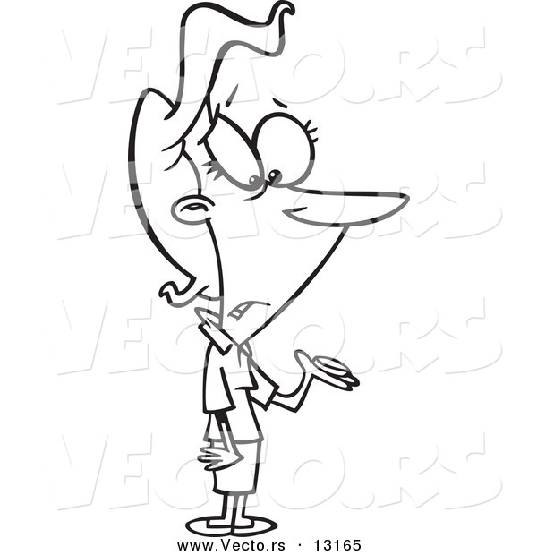 Vector of a Cartoon Poor Woman Holding a Single Coin After Paying Taxes - Coloring Page Outline