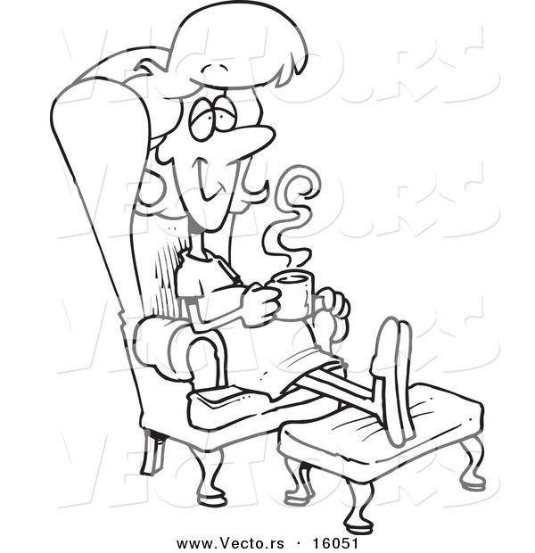 Vector of a Cartoon Pregnant Girl Relaxing in a Chair with a Warm Beverage - Outlined Coloring Page Drawing
