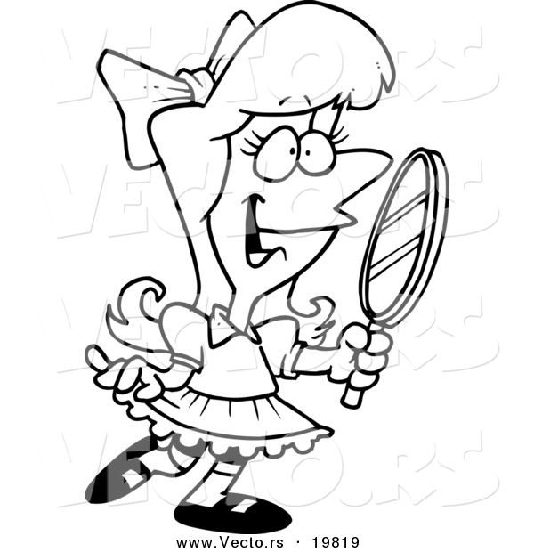 Vector of a Cartoon Pretty Girl Holding a Mirror - Outlined Coloring Page