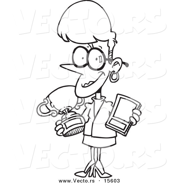 Vector of a Cartoon Proud Businesswoman Showing Her Awards - Coloring Page Outline