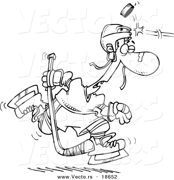 Vector of a Cartoon Puck Hitting a Hockey Player - Outlined Coloring Page