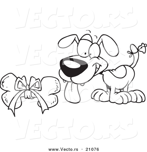 Vector of a Cartoon Puppy with a Bell on His Tail, Looking at a Bone - Coloring Page Outline