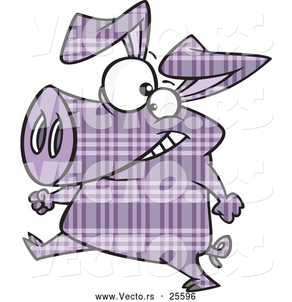 Vector of a Cartoon Purple Plaid Pig Walking on Hinds Feet