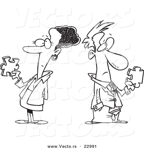 Vector of a Cartoon Puzzled Business Man and Woman - Coloring Page Outline