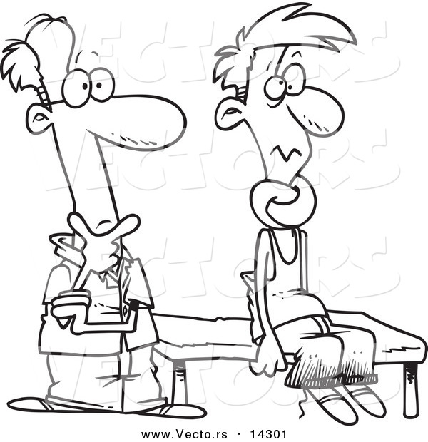 Vector of a Cartoon Puzzled Therapist Beside a Patient with a Knotted Neck - Coloring Page Outline