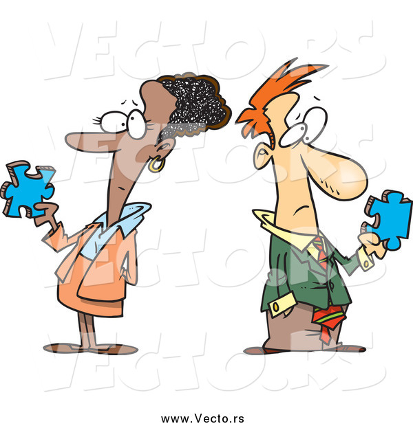 Vector of a Cartoon Puzzled White Business Man and Black Woman