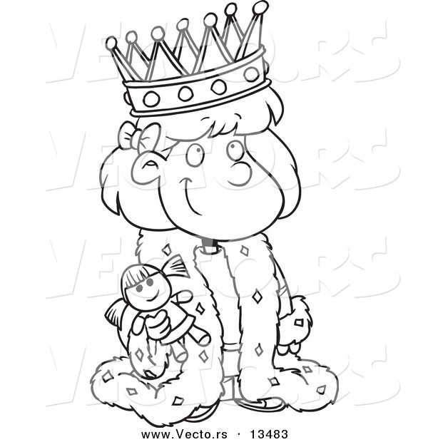Vector of a Cartoon Queen Girl Holding a Doll - Coloring Page Outline