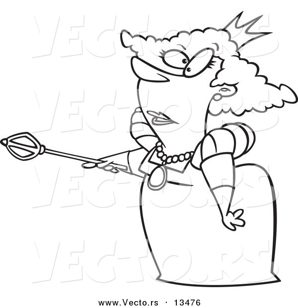 Vector of a Cartoon Queen Pointing Her Staff - Coloring Page Outline