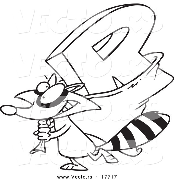 Vector of a Cartoon Raccoon Carrying a Letter R - Coloring Page Outline
