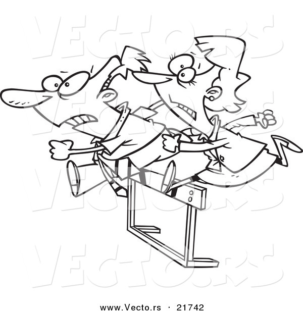Vector of a Cartoon Racing Business Man and Woman Jumping over a Hurdle - Outlined Coloring Page
