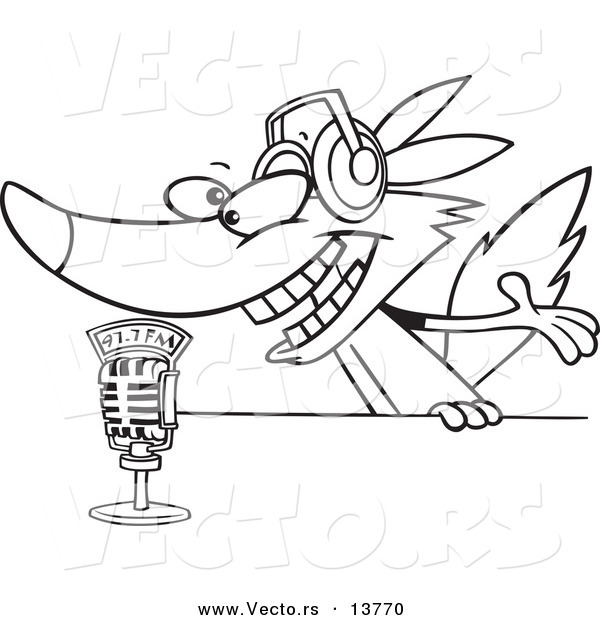 Vector of a Cartoon Radio Wolf Talking into a Microphone - Coloring Page Outline