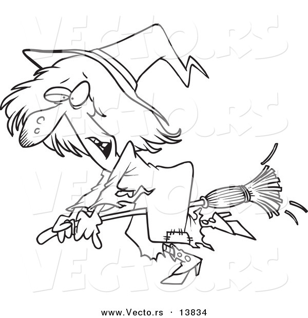 Vector of a Cartoon Ragged Witch Flying on Her Broomstick - Coloring Page Outline