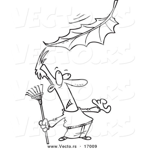 Vector of a Cartoon Raking Man Watching a Big Leaf Fall - Coloring Page Outline