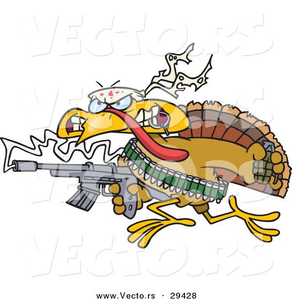 Vector of a Cartoon Rambo Turkey with a Machine Gun and Lots of Ammo