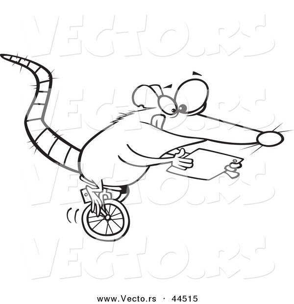 Vector of a Cartoon Rat Riding a Unicycle and Using a Computer Tablet - Coloring Page Outline