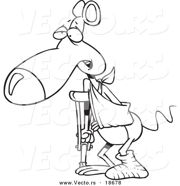 Vector of a Cartoon Rat with a Cast, Sling and Crutch - Outlined Coloring Page