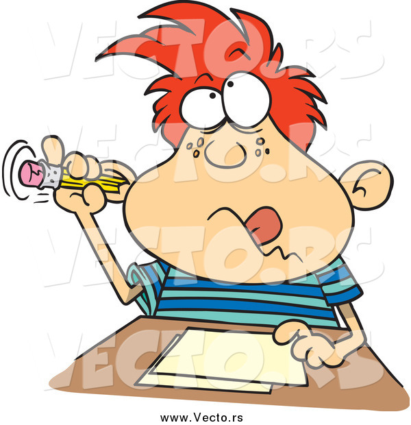 Vector of a Cartoon Red Haired Boy Sticking His Pencil in His Ear While Taking a Test