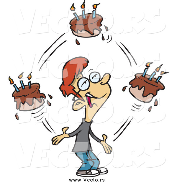 Vector of a Cartoon Red Haired Caucasian Birthday Boy Juggling Cakes