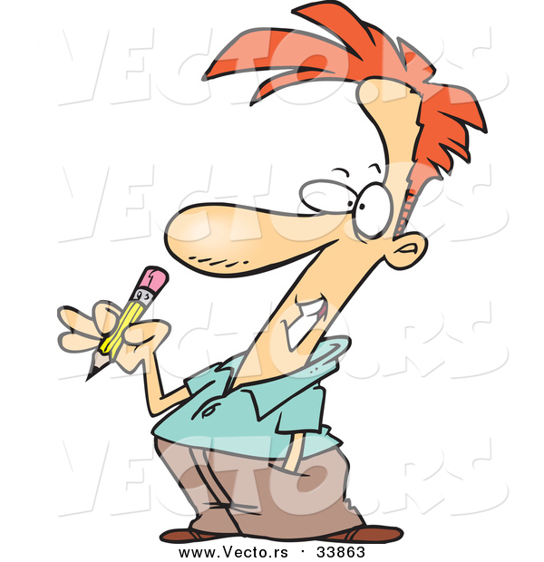 Vector of a Cartoon Red Haired Guy Holding a Pencil