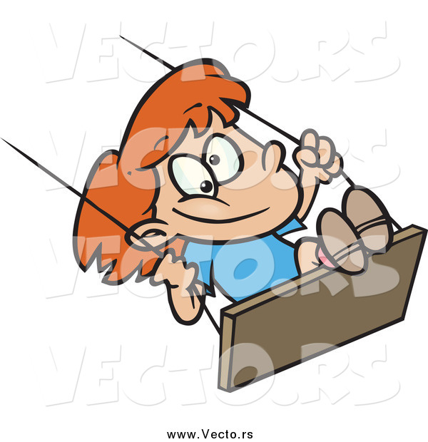 Vector of a Cartoon Red Haired Happy White Girl Swinging