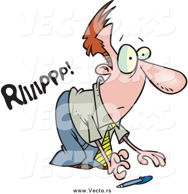 Vector of a Cartoon Red Haired White Businessman Ripping His Pants to Pick up a Pen