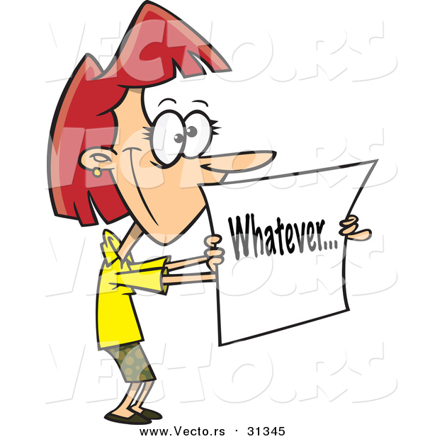 Vector of a Cartoon Red Haired White Businesswoman Holding a Whatever Sign