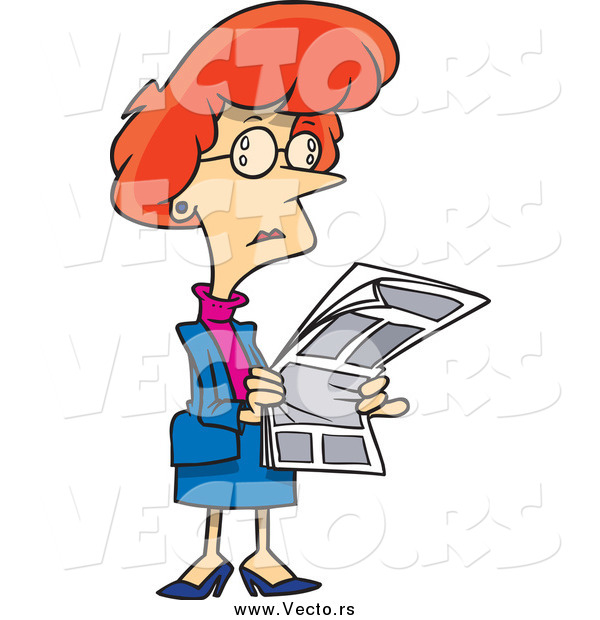 Vector of a Cartoon Red Haired White Businesswoman Reading a Newspaper