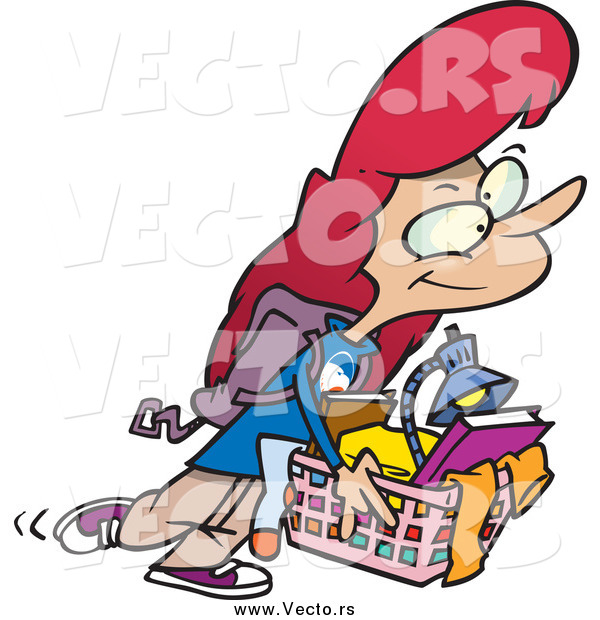 Vector of a Cartoon Red Haired White College Girl Carrying a Basket of Items