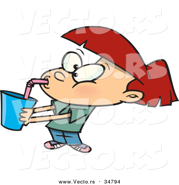 Vector of a Cartoon Red Haired White Girl Gulping Soda