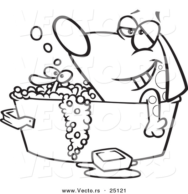 Vector of a Cartoon Relaxed Dog Bathing in a Tub with a Rubber Duck - Coloring Page Outline