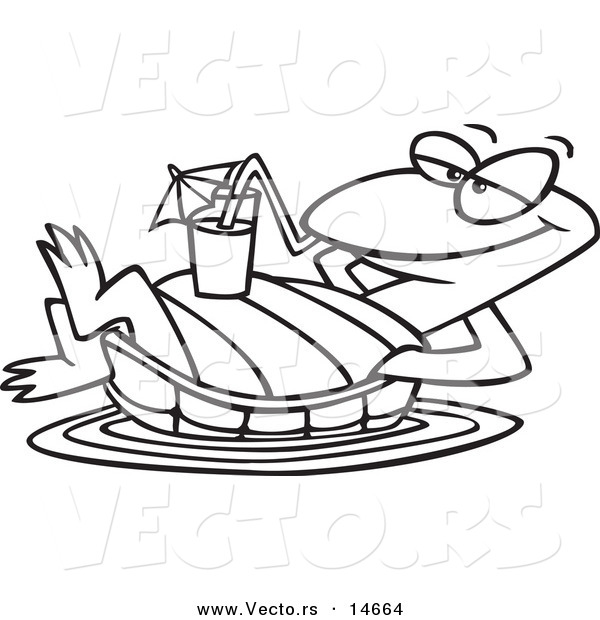 Vector of a Cartoon Relaxed Turtle Floating with a Beverage on His Belly - Coloring Page Outline