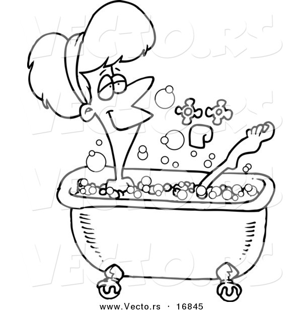 Vector of a Cartoon Relaxed Woman Taking a Bath - Coloring Page Outline