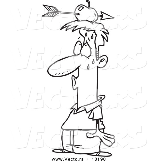 Vector of a Cartoon Relieved Man with an Arrow Through an Apple on His Head - Outlined Coloring Page