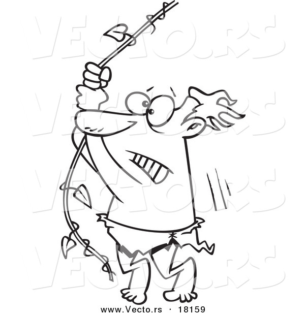 Vector of a Cartoon Reluctant Man Swinging on a Vine - Outlined Coloring Page