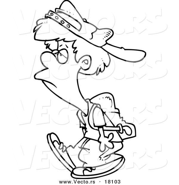 Vector of a Cartoon Reluctant School Boy Walking - Outlined Coloring Page
