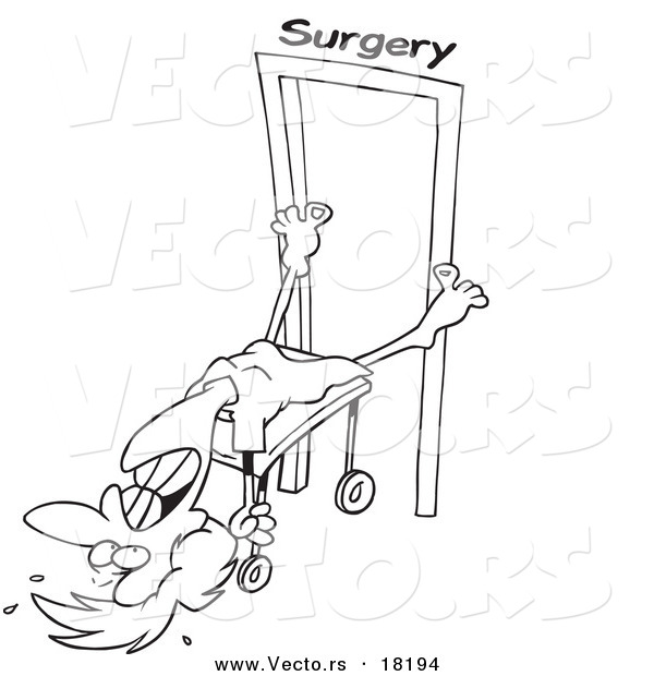 Vector of a Cartoon Reluctant Woman Going into Surgery - Outlined Coloring Page