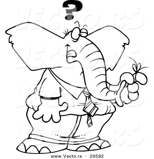 Vector of a Cartoon Reminder String on a Forgetful Elephant's Finger - Coloring Page Outline